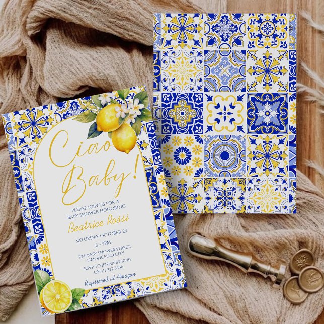 Invitation Carreaux Bébé Bleu Citron Amalfi Arche Bébé Shower (Ciao Baby Blue Tiles Lemon Amalfi Arch Baby Shower Invitation)