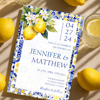 Invitation Carreaux bleu citron méditerranéen Mariage italien