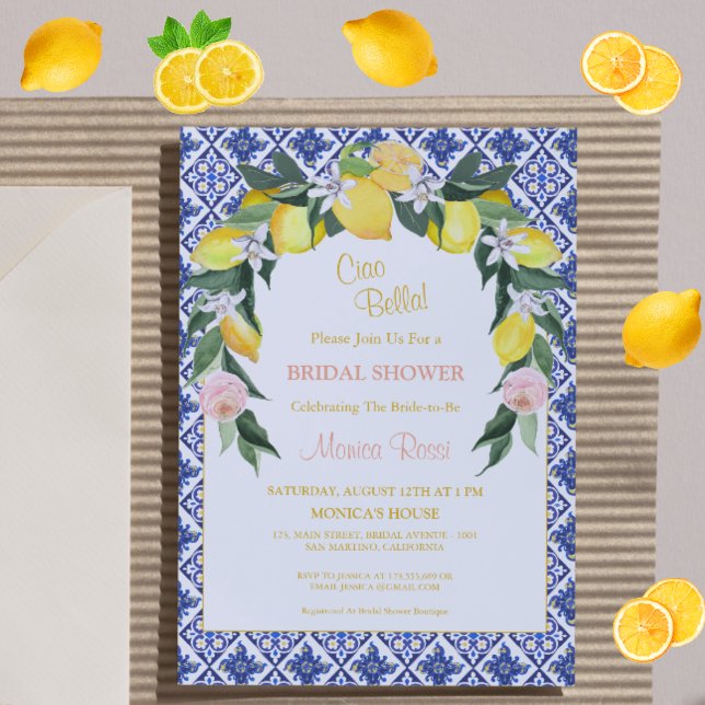 Invitation Carreaux bleu Citrus italien Fête des mariées d'ét (Créateur téléchargé)