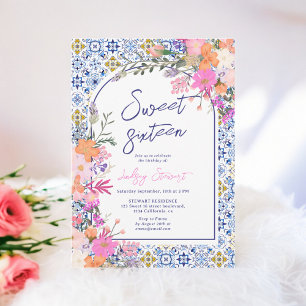 Invitation Carreaux bleu italien aquarelle floral Sweet 16