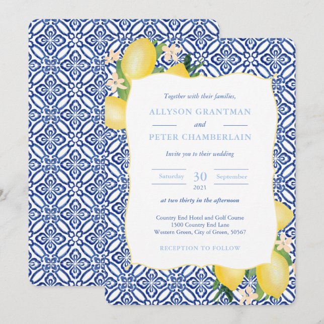 Invitation Carreaux bleu italien Aquarelle Lemons Mariage (Devant / Derrière)