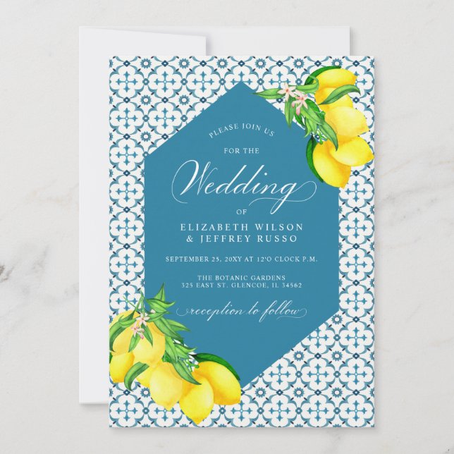 Invitation Carreaux bleu sicilien Mariage citron bois d'été (Devant)