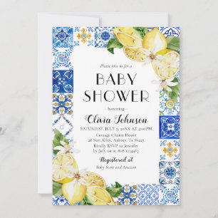 Invitation Carreaux Bleus Aquarelle Citrons Baby Shower Itali