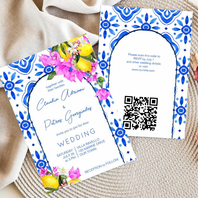 Invitation Carreaux bleus Bougainvillea citrons mariage éléga (Blue tiles lemon bougainvillea Mykonos Santorini Greek Amalfi Mediterranean themed wedding invite )