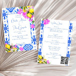 Invitation Carreaux bleus Bougainvillea citrons mariage éléga<br><div class="desc">Carreaux bleus et bougainvilliers élégants méditerranéen grec Santorini Mykonos thème faire-part de mariage instantané télécharger tout en un - avec les détails mariages et avec qr rsvp code à l'arrière,  juste ajouter votre adresse URL et Zazzle va générer du code pour vous.</div>