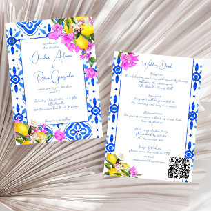 Invitation Carreaux bleus Bougainvillea citrons mariage éléga