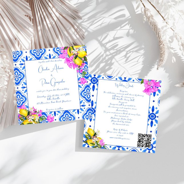 Invitation Carreaux bleus Bougainvillea citrons mariage éléga (Blue Tiles Bougainvillea lemons elegant wedding all in one Invitation template  instant download)