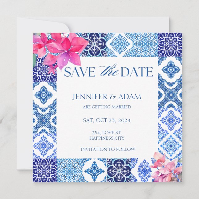 Invitation Carreaux bleus Bougainvillea Floral Save the Date (Devant)