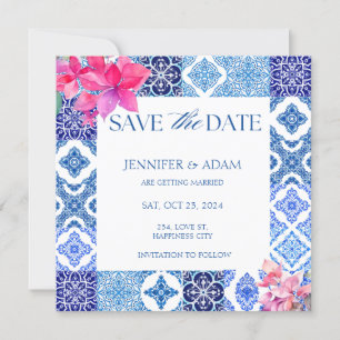 Invitation Carreaux bleus Bougainvilliers Floral Enregistrer 