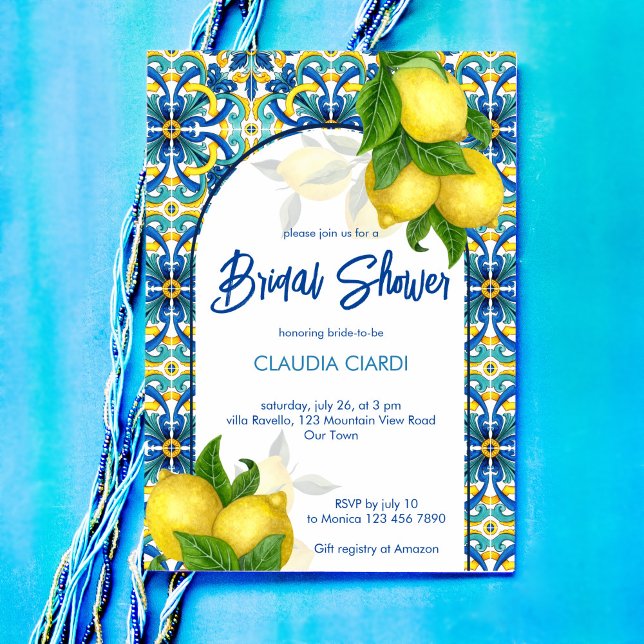 Invitation Carreaux bleus citron Amalfi Positano douche nupti (Blue tiles lemon Amalfi Positano bridal shower Invitation editable template digital download)
