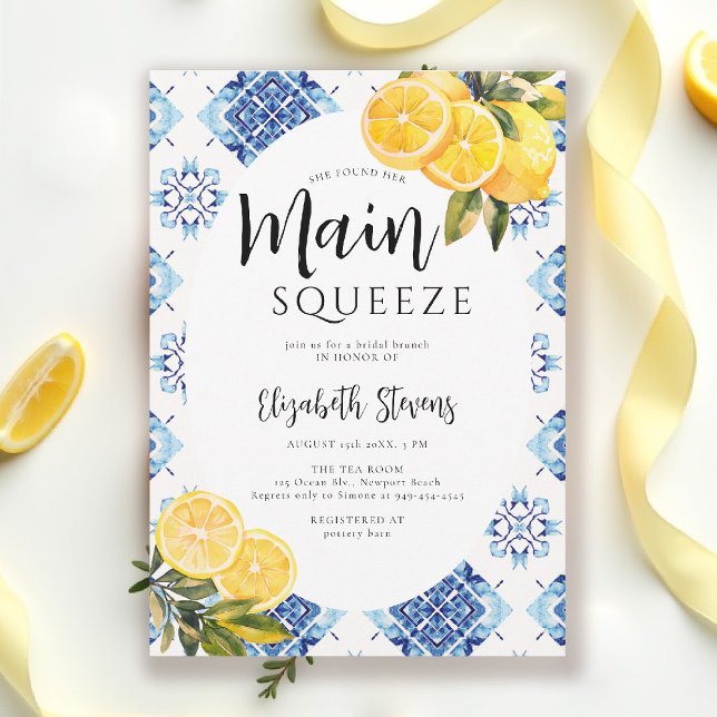 Invitation Carreaux Bleus Citron Main Squeeze Fête de Mariage (main squeeze bridal shower lemon theme mediterranean italian summer blue tile invitation)