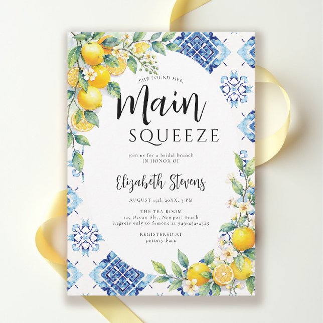 Invitation Carreaux Bleus Citron Main Squeeze Fête de Mariage (main squeeze bridal shower theme mediterranean italian summer blue tile lemon invitation)