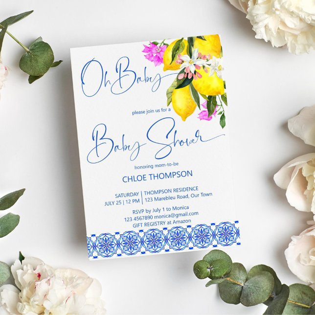 Invitation Carreaux bleus citrons bougainvilliers oh baby sho (Blue tiles lemon bougainvillea oh baby baby shower Mediterranean themed summer baby shower invite)