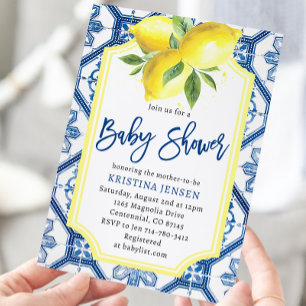 Invitation Carreaux bleus Citrons Capri Baby shower