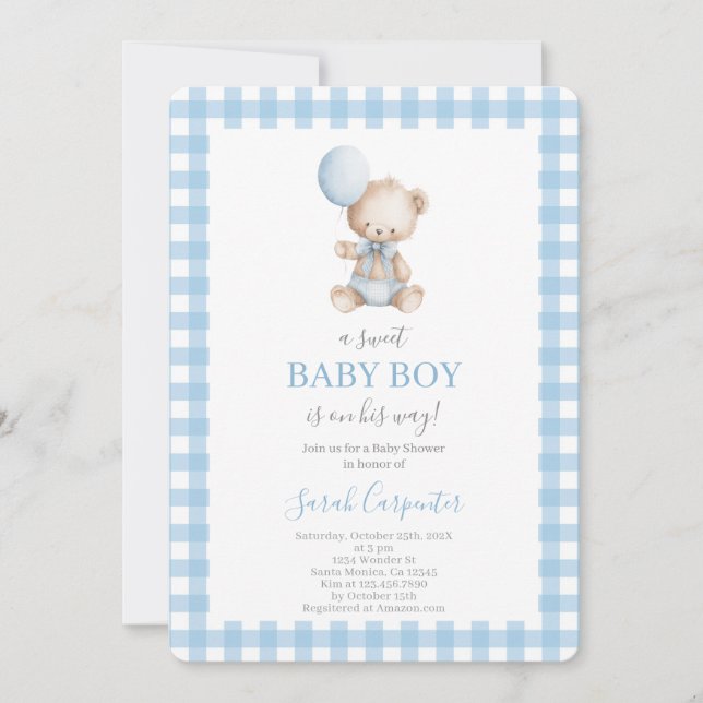 Invitation Carreaux bleus et ours Fête de bébé garçon (Devant)