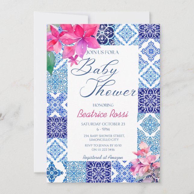 Invitation Carreaux bleus Floral Amalfi Baby shower italien (Devant)