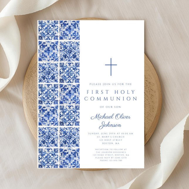 Invitation Carreaux Bleus Méditerranéen Garçon Première commu (Mediterranean Blue Tiles Boy First Communion Invitation)