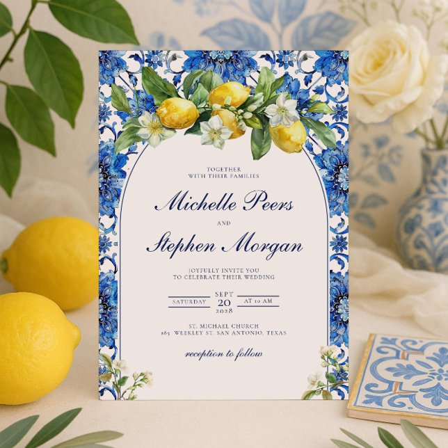Invitation Carreaux Bleus Méditerranéens Citron Citron (Créateur téléchargé)