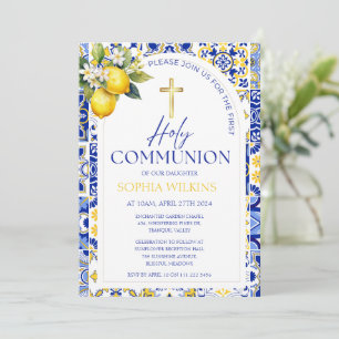 Invitation Carreaux Bleus Méditerranéens Citron Première Comm