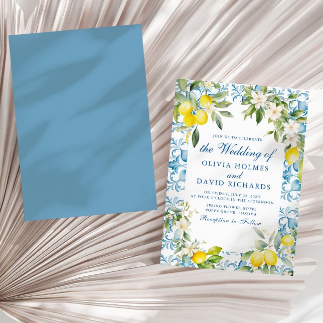 Invitation Carreaux bleus méditerranéens et mariage au citron (Mediterranean Blue Tiles and Lemon Wedding Invitation on a sunny white dry palm leaf.)
