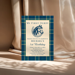 Invitation Carreaux Bleus Vintage Premier Derby Garçon 1er An
