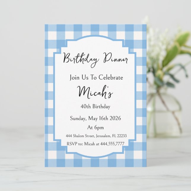 Invitation Carreaux Gingham Bleu Blanc, Simple Moderne (Debout devant)