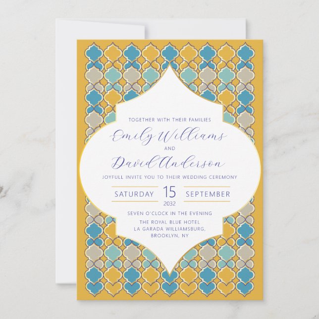 Invitation Carreaux marocains minimaux Jaune Bleu Or Code QR (Devant)