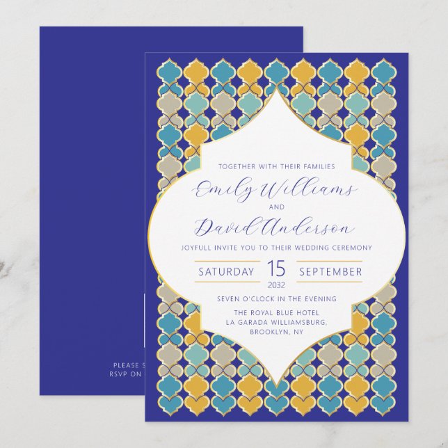 Invitation Carreaux marocains Royal Blue Golden QR Code (Devant / Derrière)