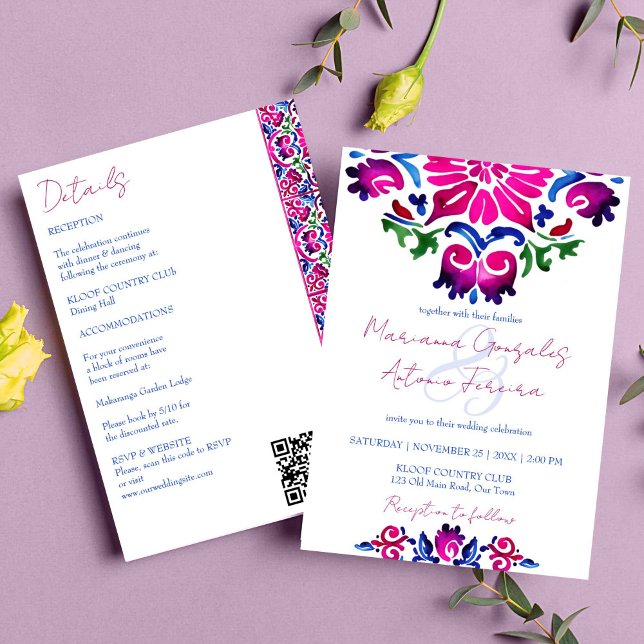 Invitation Carreaux mexicains rose bleu, tous en un mariage (Pink blue Mexican Talavera tiles wedding all in one editable template invitation watercolor tiles)