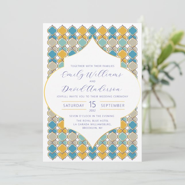 Invitation Carreaux minimaux marocains Code QR doré bleu (Debout devant)