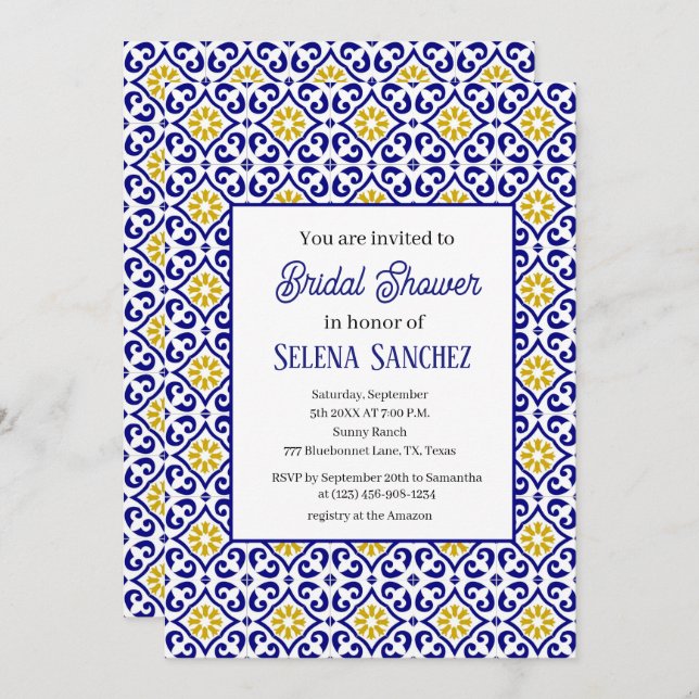 Invitation Carreaux portugais Fête des mariées d'aquarelle fl (Devant / Derrière)