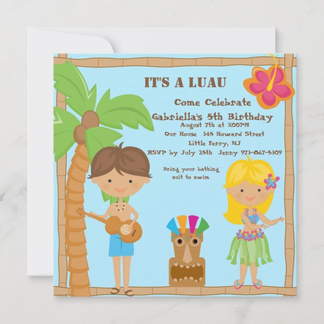 Invitation carrée d'anniversaire de Luau de fille (Devant)