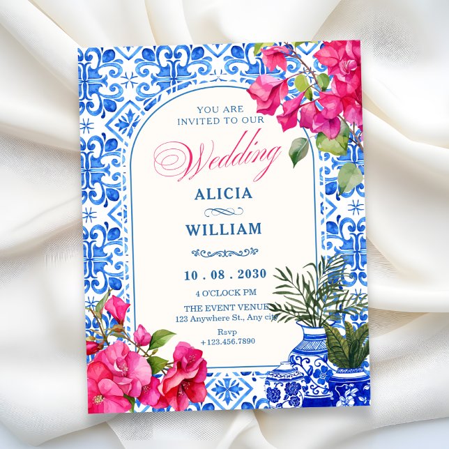 Invitation Carrelage artistique de mariage bleu blanc (Créateur téléchargé)