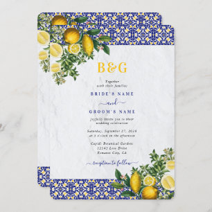 Invitation Carrelage bleu blanc jaune méditerranéen Mariage c
