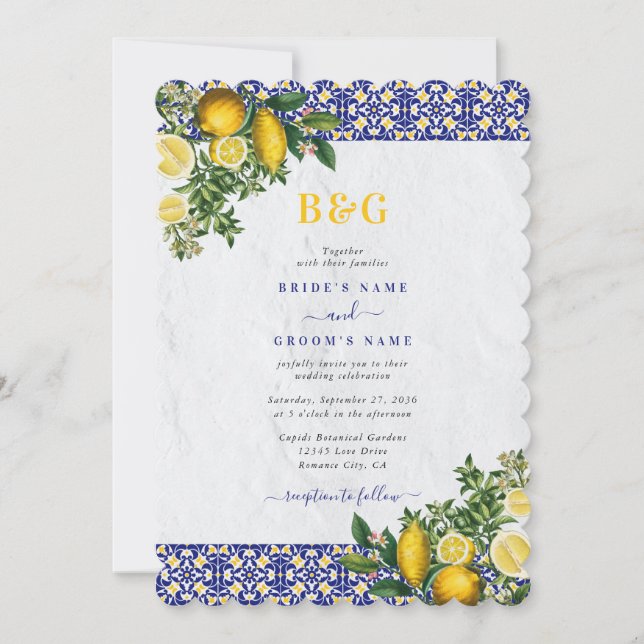 Invitation Carrelage bleu blanc jaune méditerranéen Mariage c (Devant)
