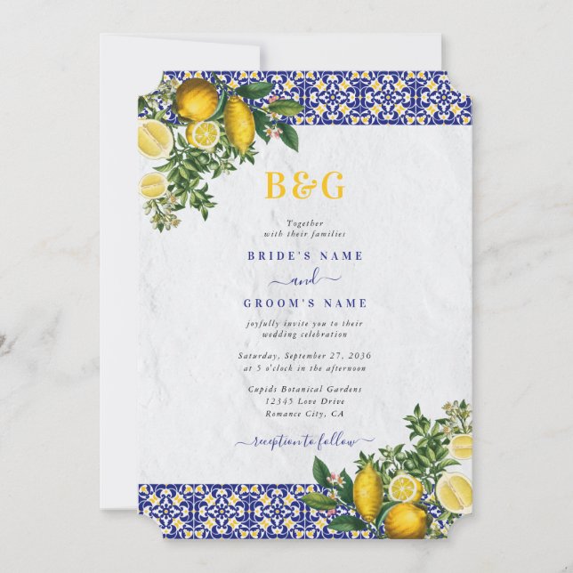 Invitation Carrelage bleu blanc jaune méditerranéen Mariage c (Devant)