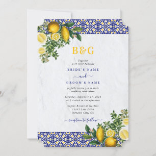 Invitation Carrelage bleu blanc jaune méditerranéen Mariage c