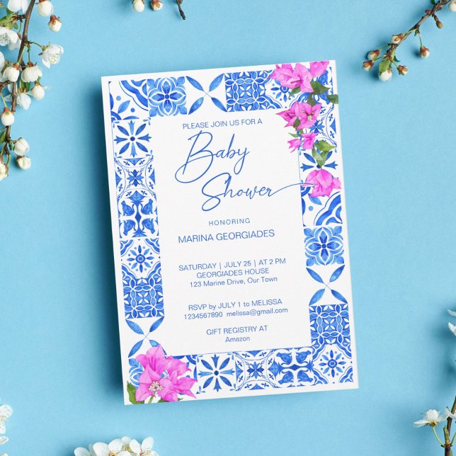 Invitation Carrelage bleu Bougainvillea baby shower élégant (Créateur téléchargé)