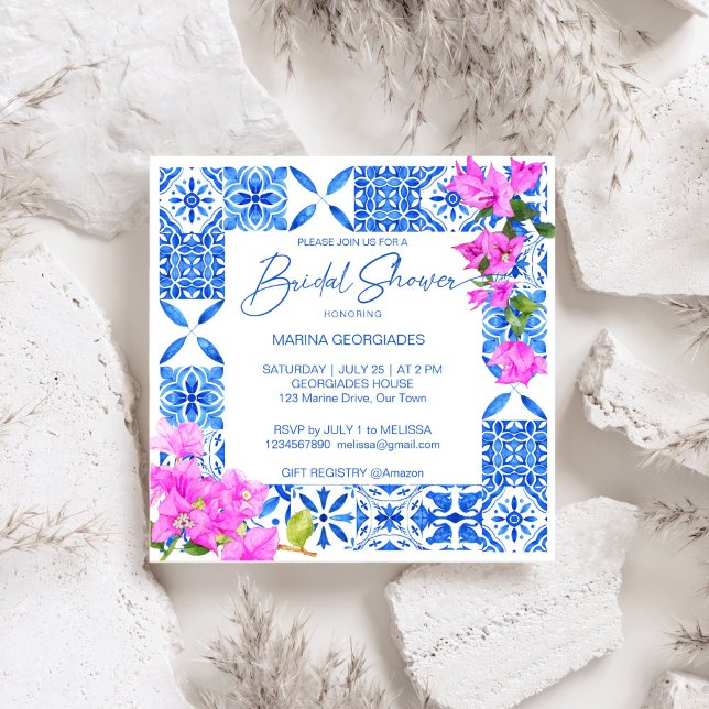 Invitation Carrelage bleu Bougainvillea élégante douche nupti (Blue Tiles Bougainvillea Mediterranean Italian themed elegant bridal shower Invitation template)