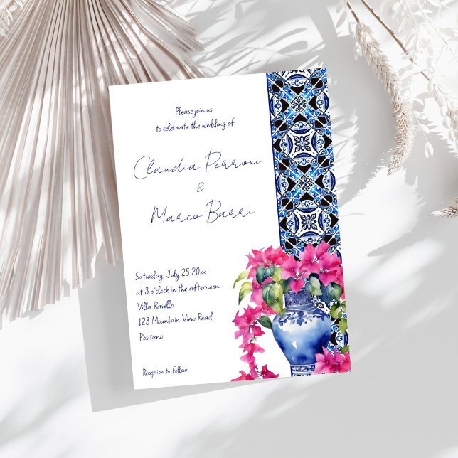 Invitation Carrelage bleu Bougainvillea mariage élégant (Blue French Azulejo Talavera Tiles Bougainvillea in ceramic vase elegant wedding Invitation template)