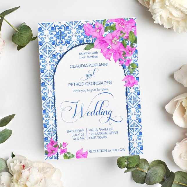 Invitation Carrelage bleu Bougainvillea mariage élégant (Créateur téléchargé)