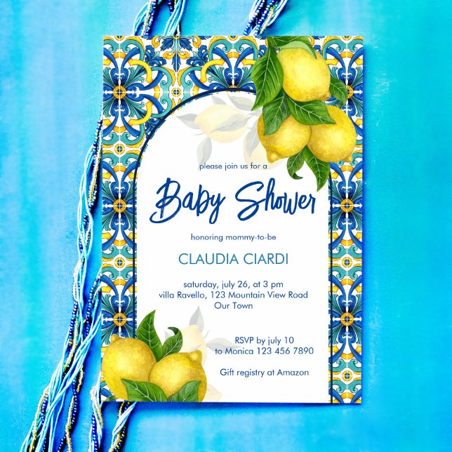Invitation Carrelage bleu citron Amalfi Positano baby shower (Créateur téléchargé)