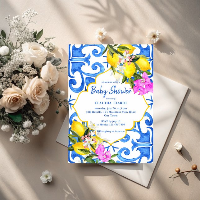 Invitation Carrelage bleu citron baby shower italien (Blue tiles lemon bougainvillea  Italian baby shower Invitation cards template gender neutral )