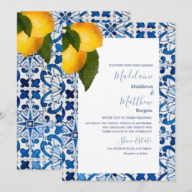 Invitation Carrelage bleu citron chic Mariage élégant (Devant / Derrière)