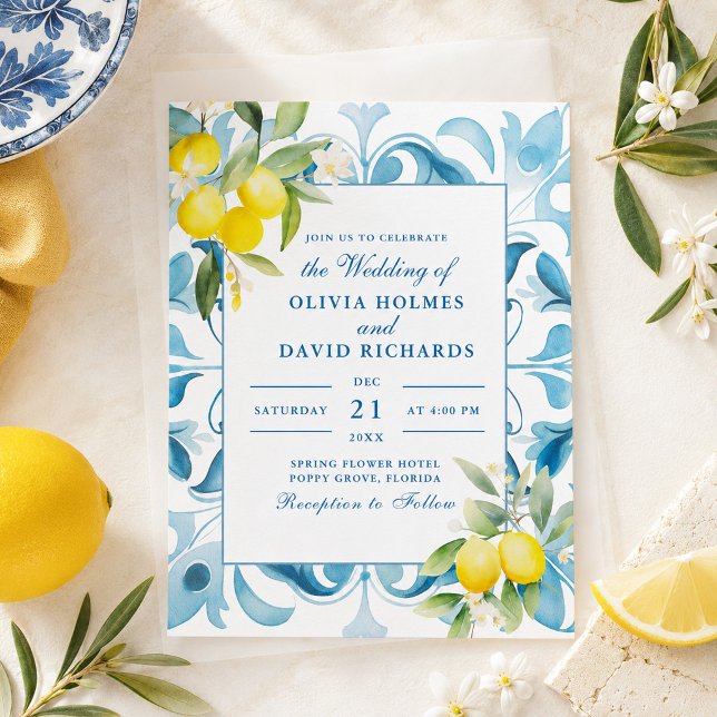 Invitation Carrelage Bleu Citron de la Côte d'Amalfi Mariage (Amalfi Coast Lemon Blue Tile Wedding Invitation)