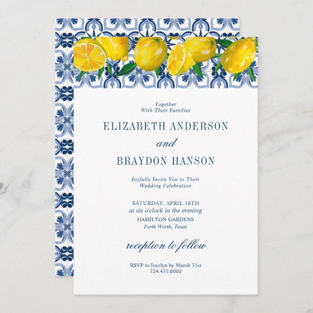 Invitation Carrelage bleu Citron italien Mariage (Devant / Derrière)