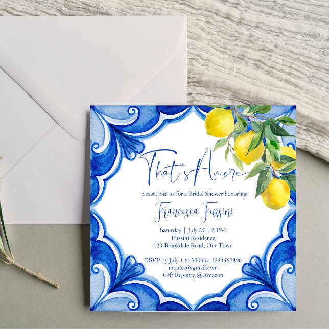 Invitation Carrelage bleu citrons douche de mariée italienne (Blue tiles lemons Italian bridal shower Invitation template instant download Maiolica citrus invites)