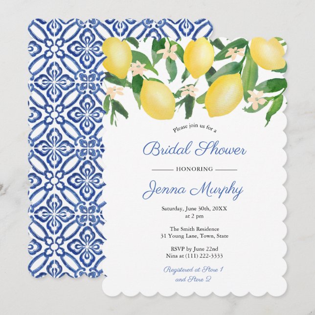 Invitation Carrelage Bleu Et Blanc Capri Citrons Enterrement  (Devant / Derrière)