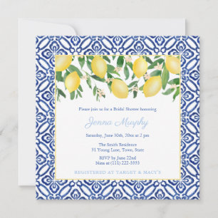 Invitation Carrelage bleu et blanc Majolica Lemons Shower de