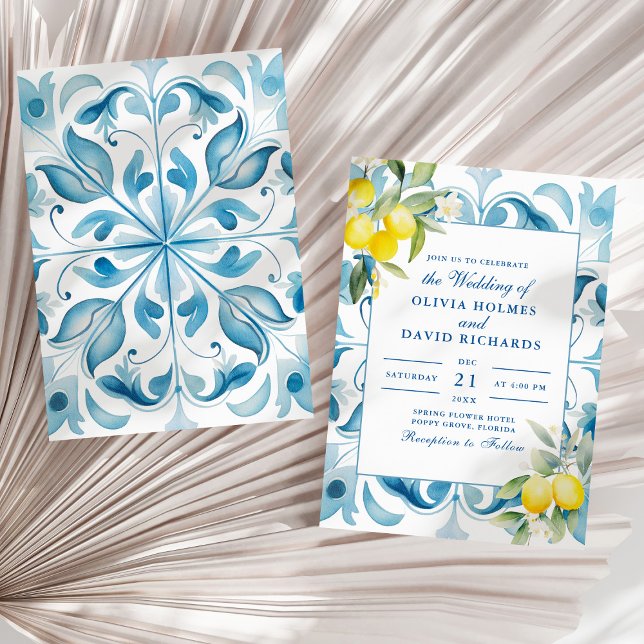 Invitation Carrelage bleu et Mariage citron moderne (Modern Elegant Blue Tile and Lemon Wedding Invitation on a sunny white dry palm leaf.)